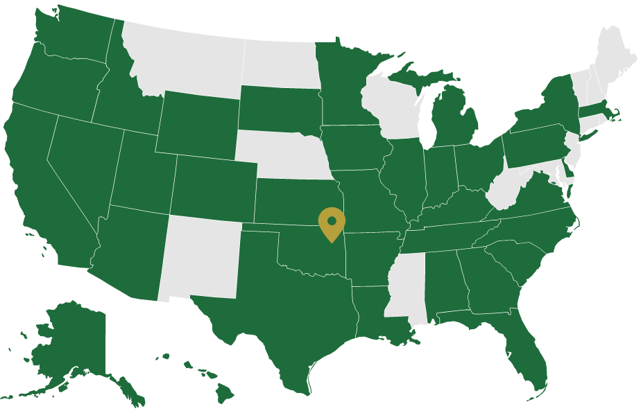 Map of the USA with states colored green to show where they are licensed in.